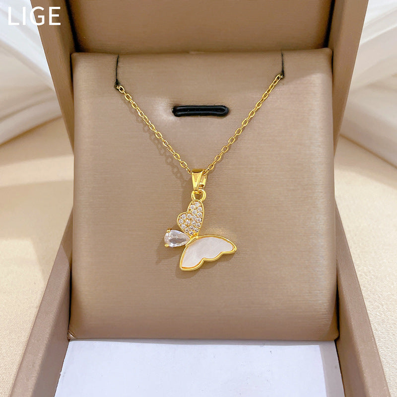 Sweet Elegant Butterfly Cubic Zirconia Plated Titanium Steel Necklace for Unisex