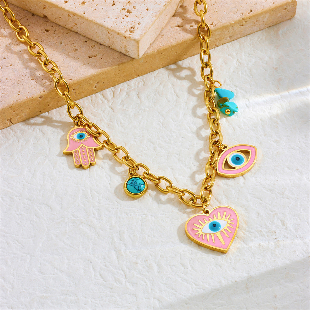 Fashion Drip Oil Pink Heart Eye Turquoise Pendant Stainless Steel Necklace Earring Bracelet Set for Women