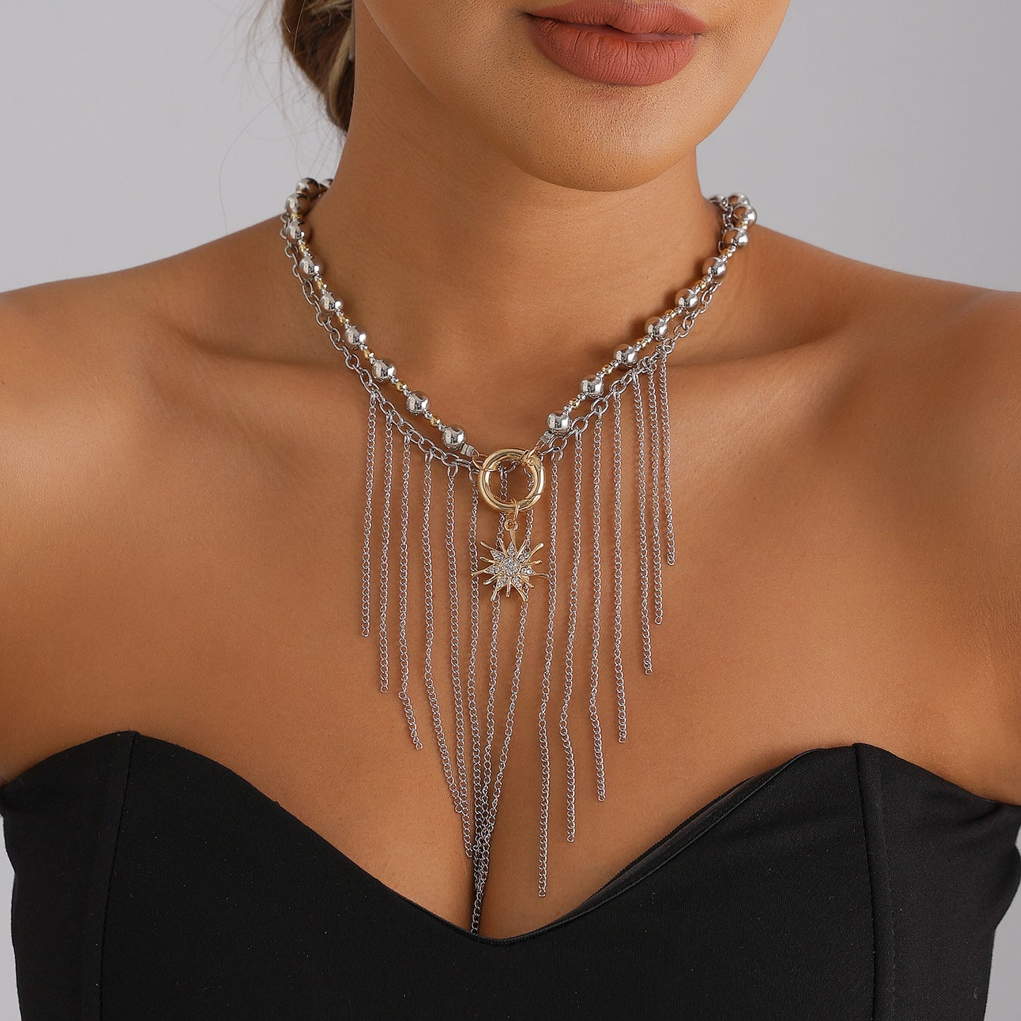 Luxury Geometric Round Beaded Sunflower Tassel Necklace Alloy Plated Multi-layer Chain for Women