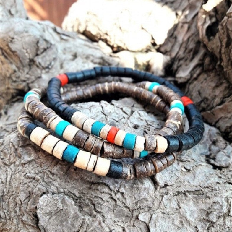 Bohemian Round Wood and Turquoise Beaded Stretch Bracelet for Men and Women