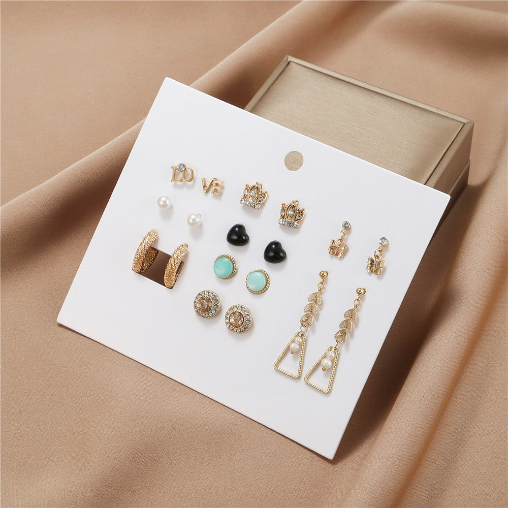 Vintage Geometric Butterfly Round Rhinestone and Pearl Plated Alloy Earring Set
