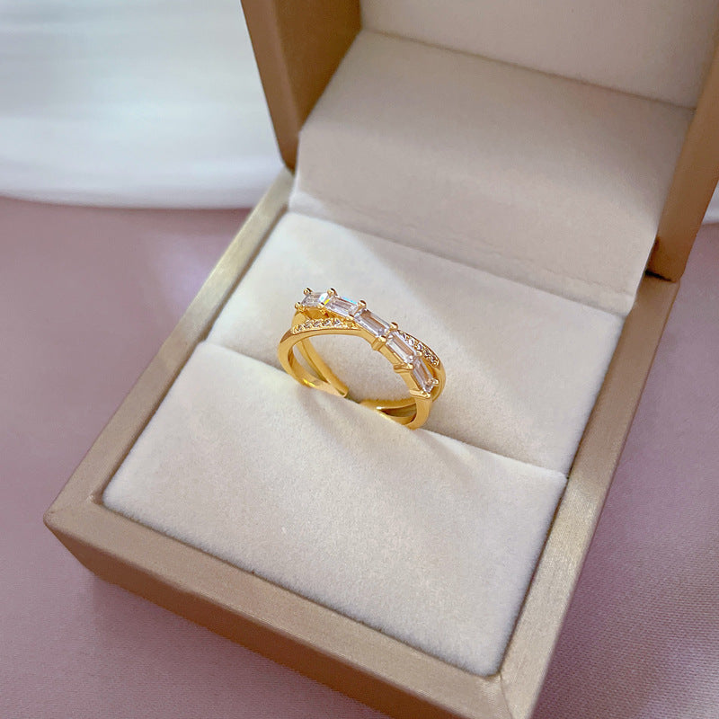Minimalist Cold-Tone Open Ring with Gold-Plated Brass Band and Full Zircon Inlay for Women