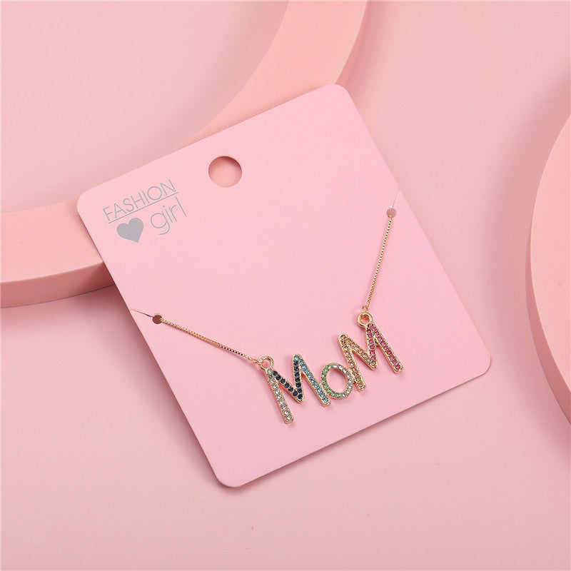 Minimalist MOM Letter Pendant Necklace for Children Alloy Snake Chain with Colorful Rhinestone Inlay