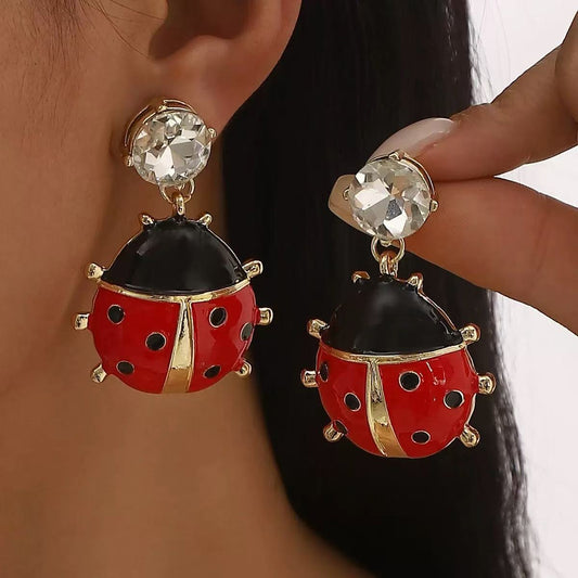 Aretes de Animal con Aceite de Goteo de Estrás de Fresa de Mariquita Roja Elegante Vintage para Mujer