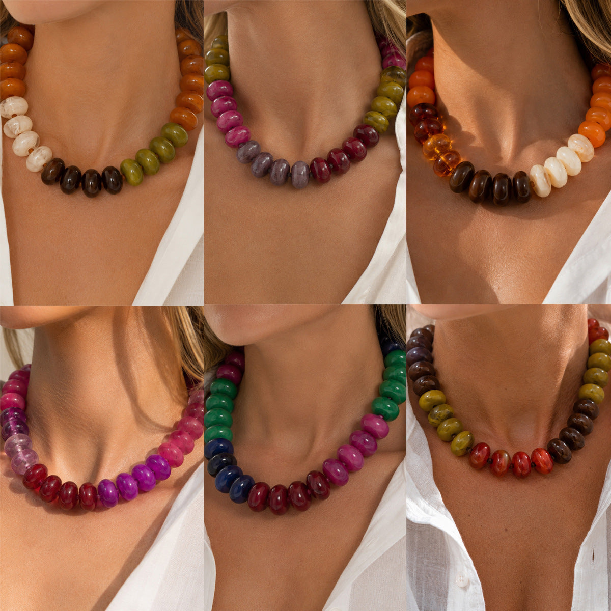Bohemian Vintage Geometric Gradient Resin Beaded Necklace for Women
