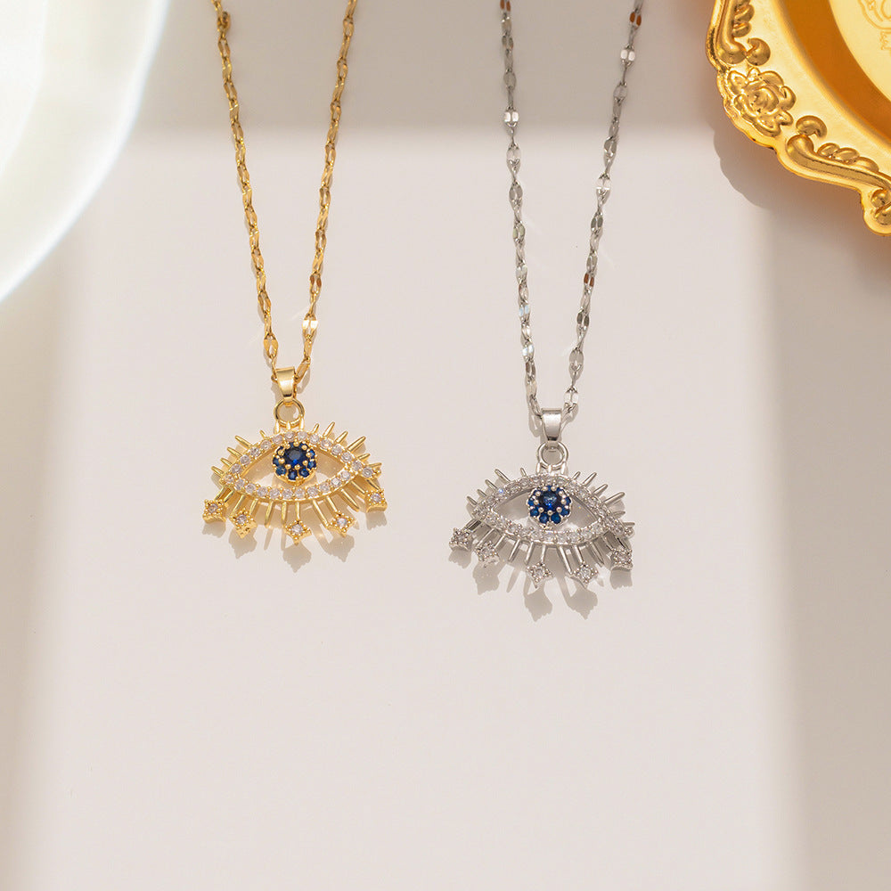 Collana con pendente a occhio in zircone micropavé in acciaio al titanio, minimalista e leggera, da donna con catena a onda