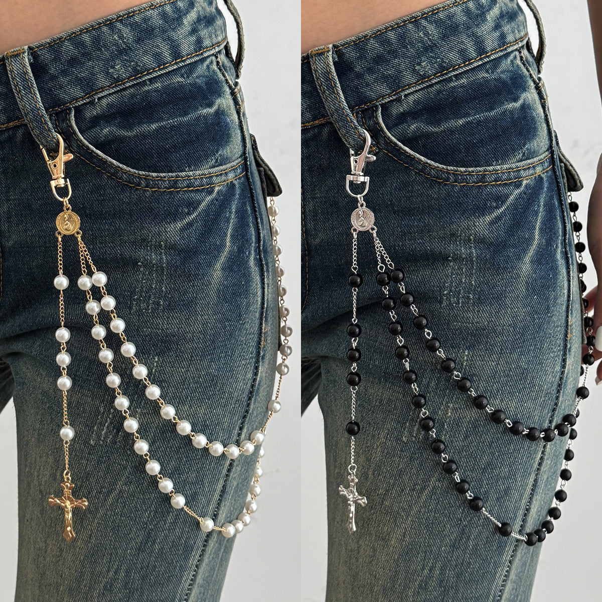 Hip-hop Cross Pendant Zinc Alloy Baking Varnish Imitation Pearl Chain Belt