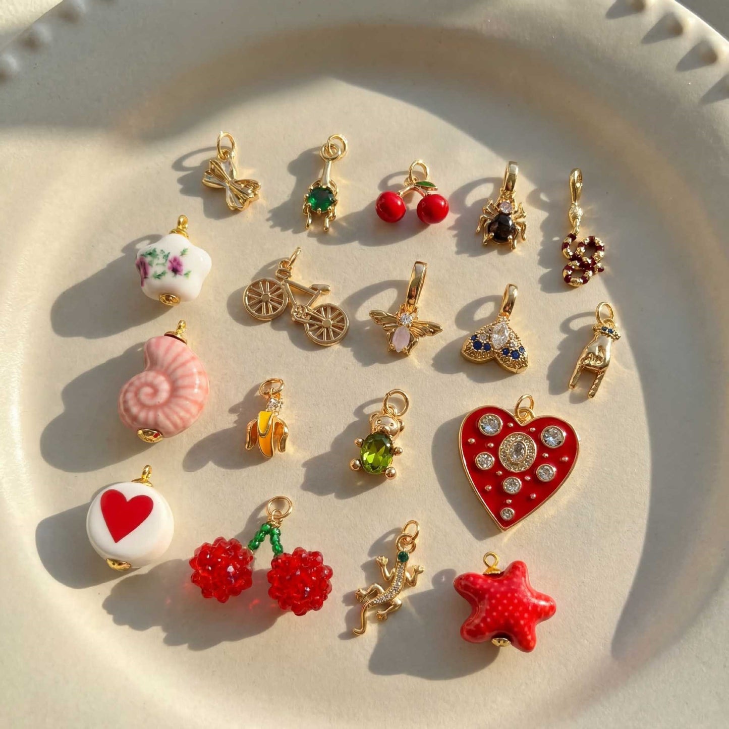 Sweet Vintage Heart Teardrop Cherry Pearl Lace Trim Brass Plated Shoe Charm Pendant