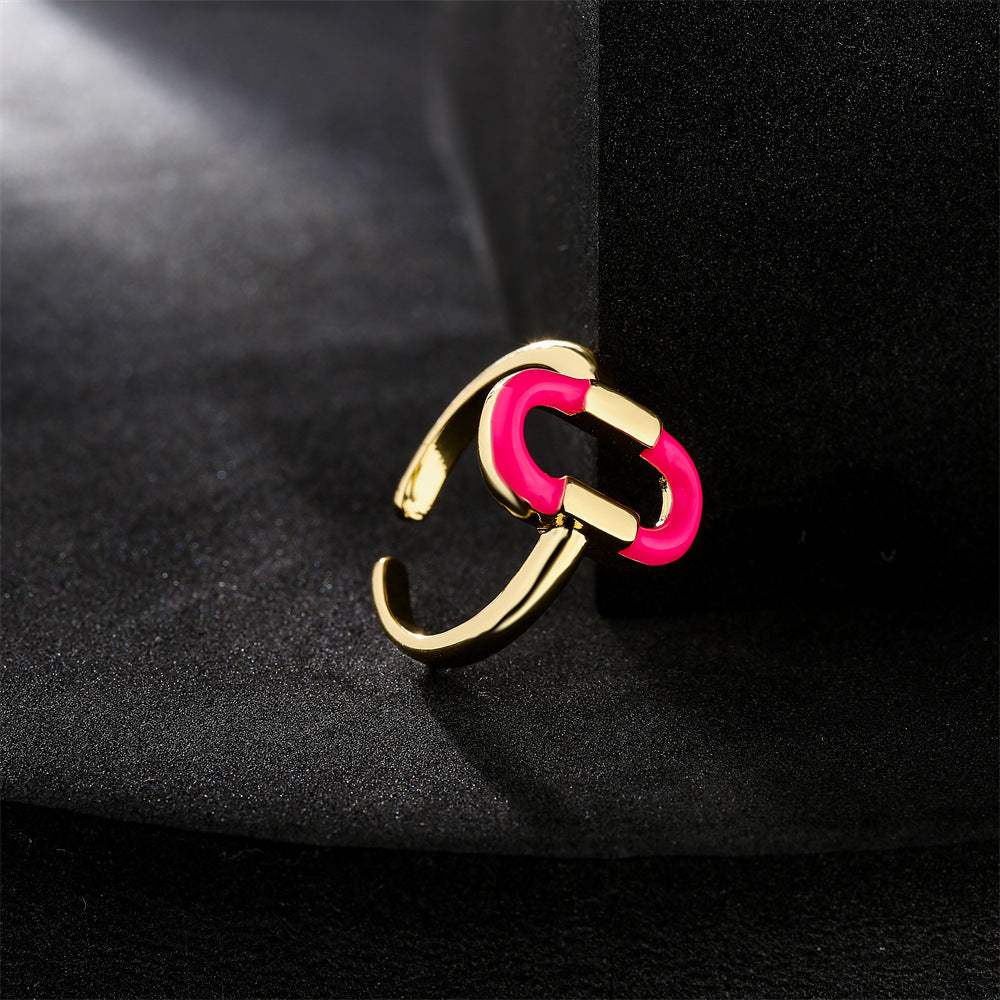 Geometric Drip Oil Micro-inlay Brass Ring for Women