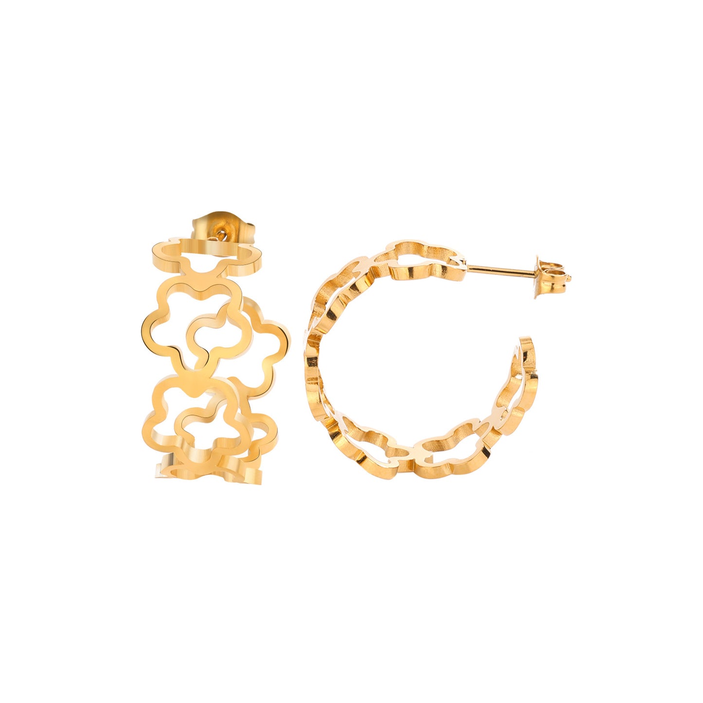Eleganti Orecchini a Lobo con Quadrifoglio Intagliato e Motivo Floreale a Stella in Acciaio Inossidabile con Finitura PVD in Oro 18K da Donna