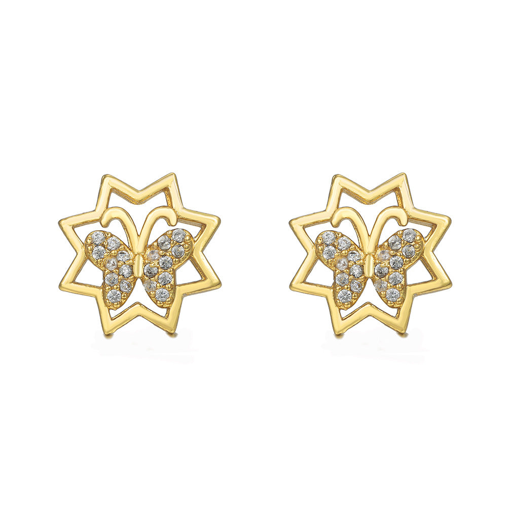 Minimalist Geometric Gold Plated Brass Stud Earrings with Micro-set Cubic Zirconia Smile Face