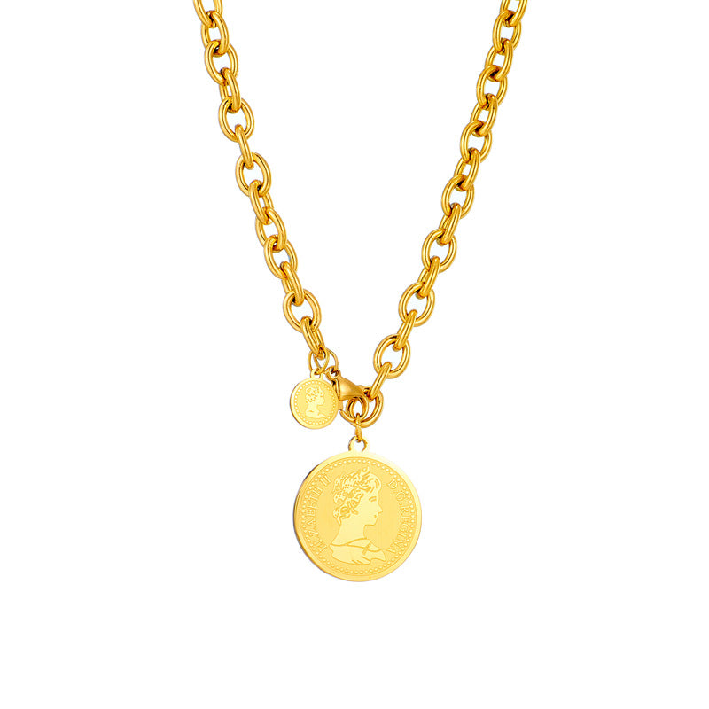 Collana con ciondolo rotondo vintage con personalità retrò in acciaio al titanio placcato per donna