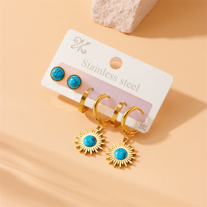 Vintage Fashion Round Turquoise Pendant Necklace Set Stainless Steel Earrings