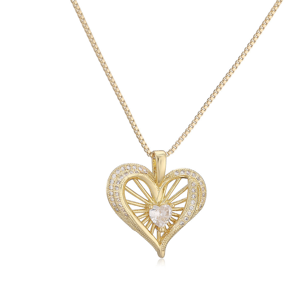 Minimalist Elegant 18K Gold Plated Brass Heart Cubic Zirconia Pendant Necklace for Women