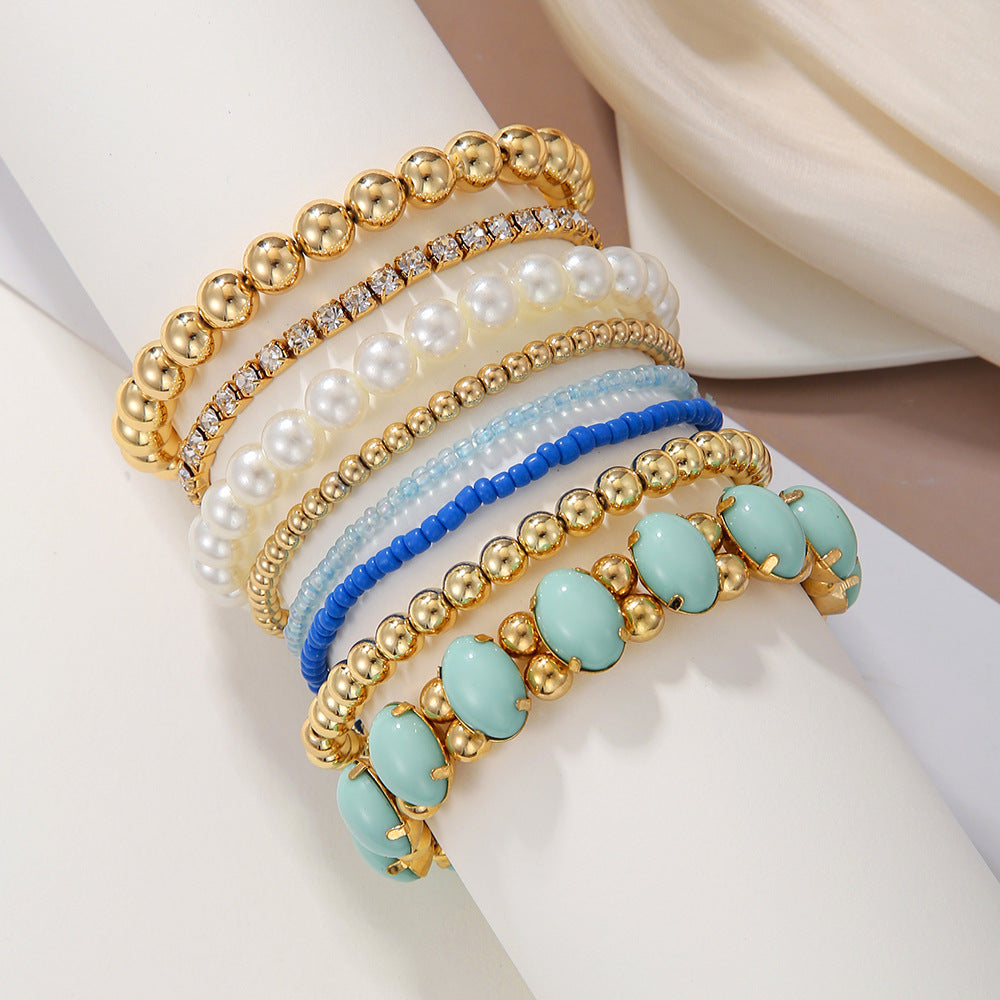 Bohemian Geometric Round Acrylic Pearl Bracelet Set