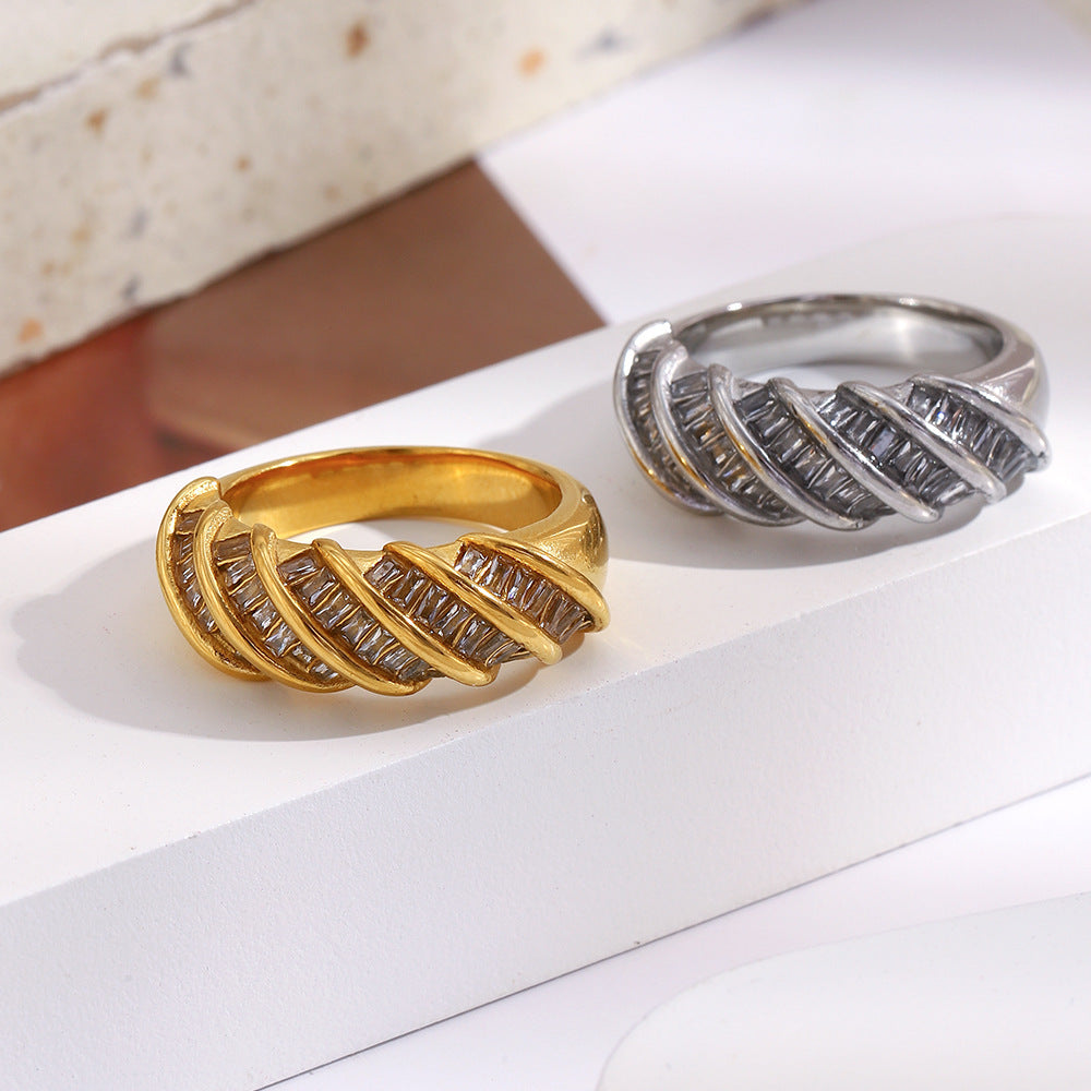 Minimalist Geometric Stainless Steel Ring with 18K Gold Plating and Twisted Rectangular Band for Women