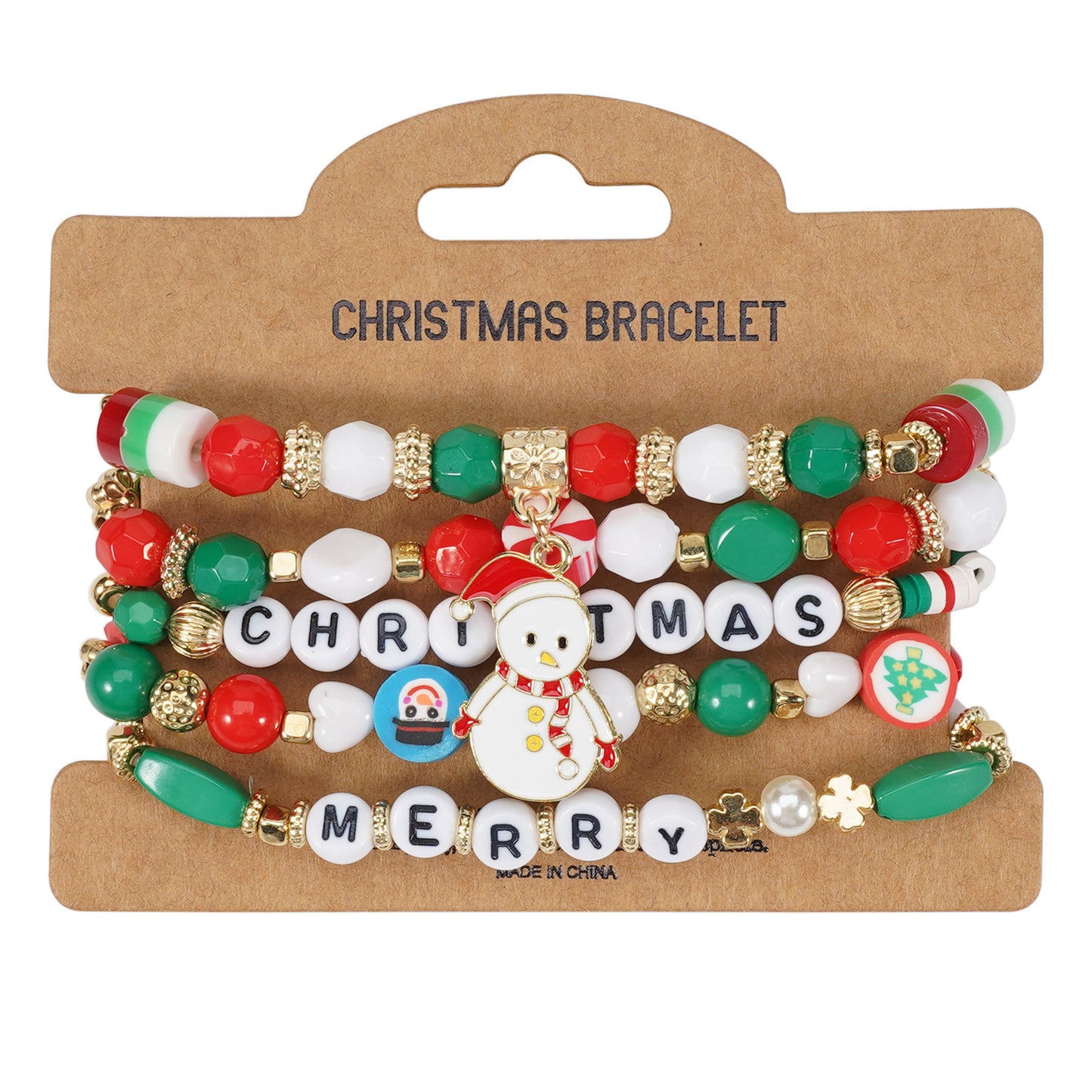 Unisex Natural Stone Beaded Bracelet with Snowman Christmas Tree Santa Reindeer Charms Floral Pattern Holiday Gift