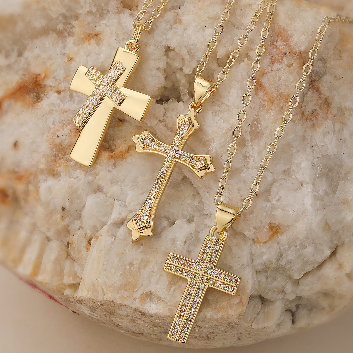 Minimalist Gold Plated Brass Cross Pendant Necklace with Cubic Zirconia for Women