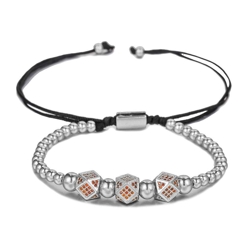 Unique Geometric Handmade Brass Bracelet with Cubic Zirconia and Adjustable Beads