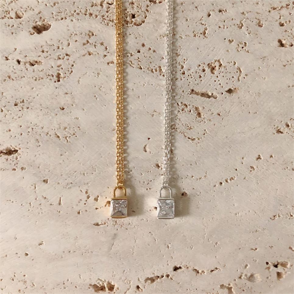 Minimalist Geometric Square Zircon Lock Pendant Necklace in 925 Sterling Silver with Plated Finish on Snake Chain