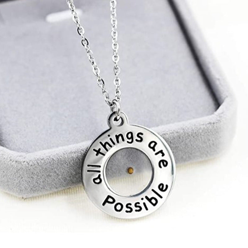 Natural Minimalist Round Engraved Mustard Seed Pendant Necklace in Stainless Steel with Titanium Steel Charm and Plated Finish