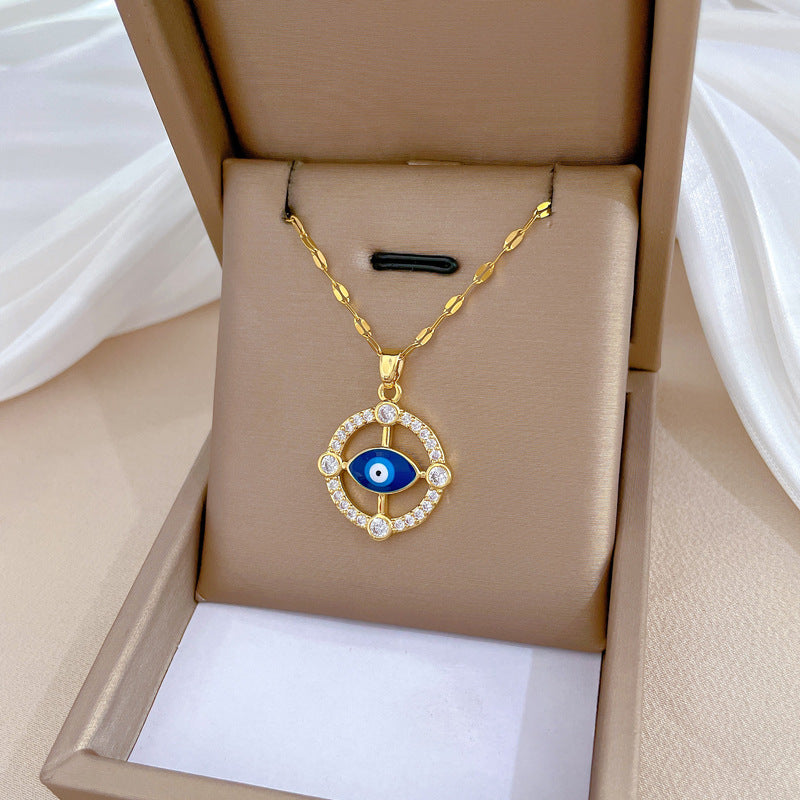Minimalist Round Eye Pendant Necklace for Women and Men Stainless Steel Chain with Rhinestone Accents Lightweight Clavicle Chain