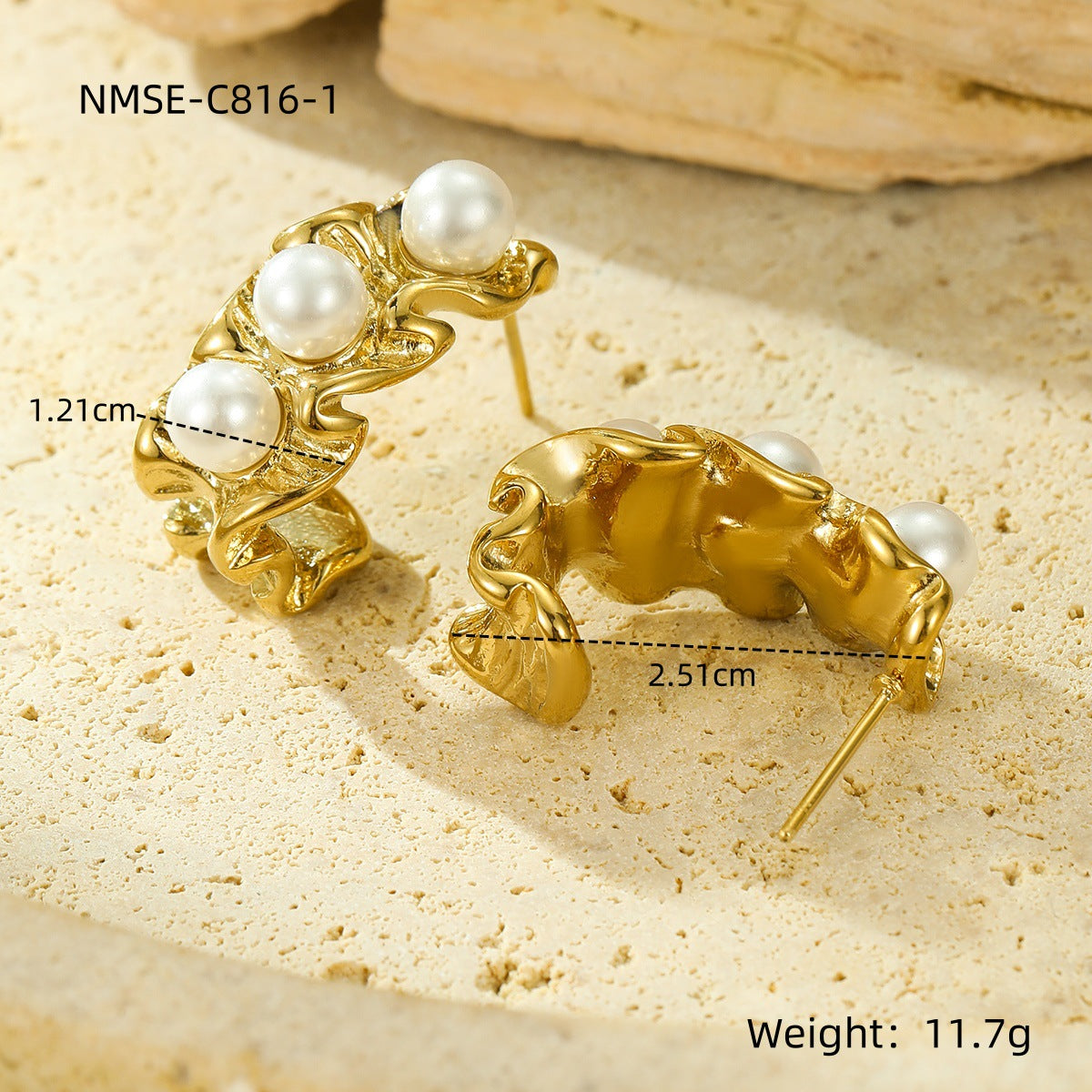 Pendientes de perlas de acero inoxidable con forma de C a la moda con acabado galvanizado para mujer