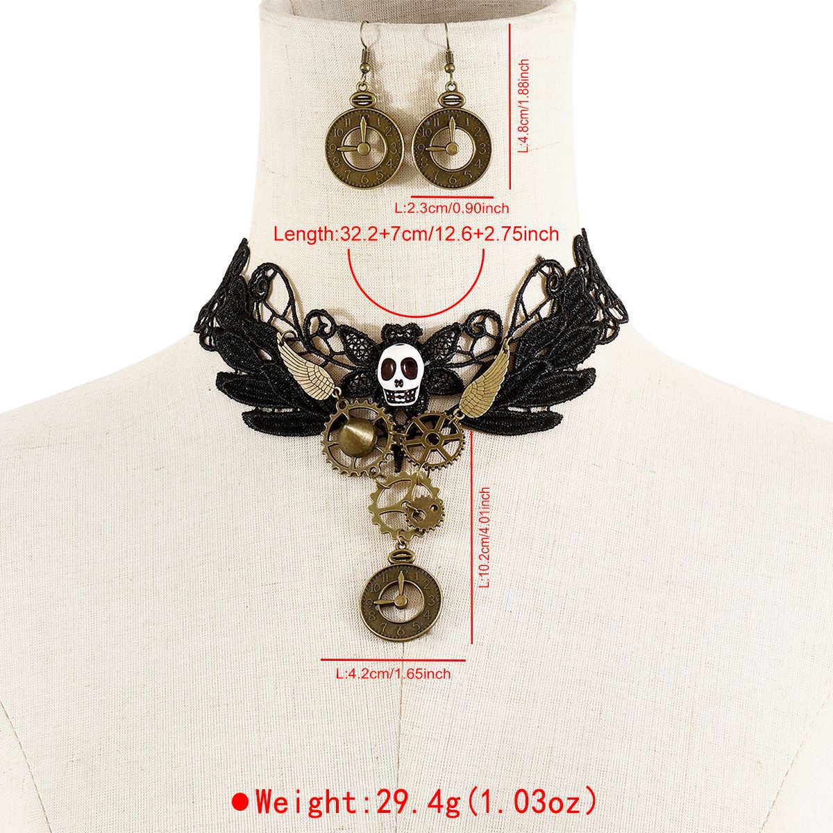 Conjunto de collar y pendientes de aleación con forma de reloj vintage con diseño de engranaje de encaje para mujer