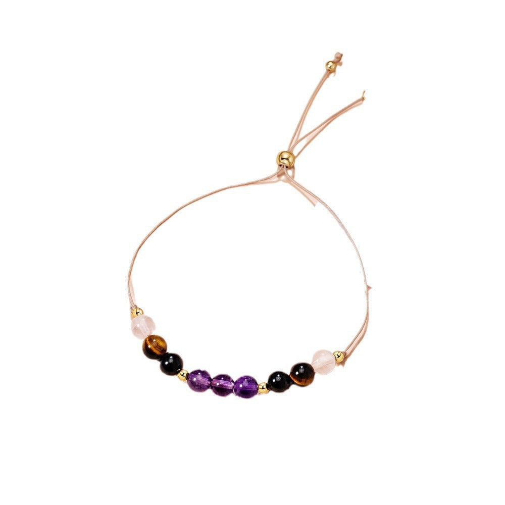 Natural Agate and Pink Crystal Beaded Bracelet Adjustable Geometric Round Handmade Jewelry for Unisex