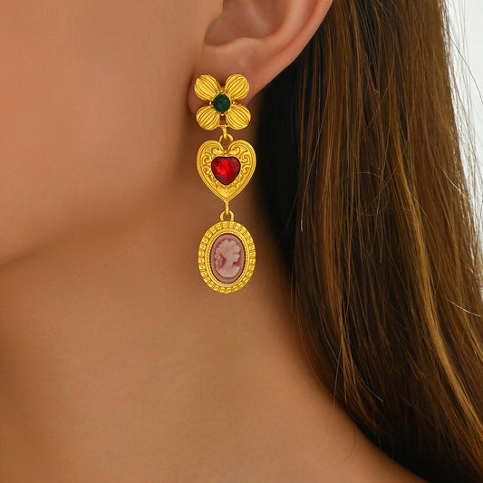 Orecchini Vintage da Donna a Forma di Cuore in Lega con Intarsio di Strass e Motivo a Quadrifoglio in Stile Floreale Minimalista