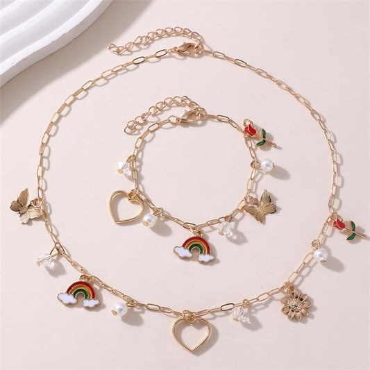Sweet Floral Butterfly Bow Pendant Necklace for Girls Zinc Alloy Heart Rainbow Rose Design