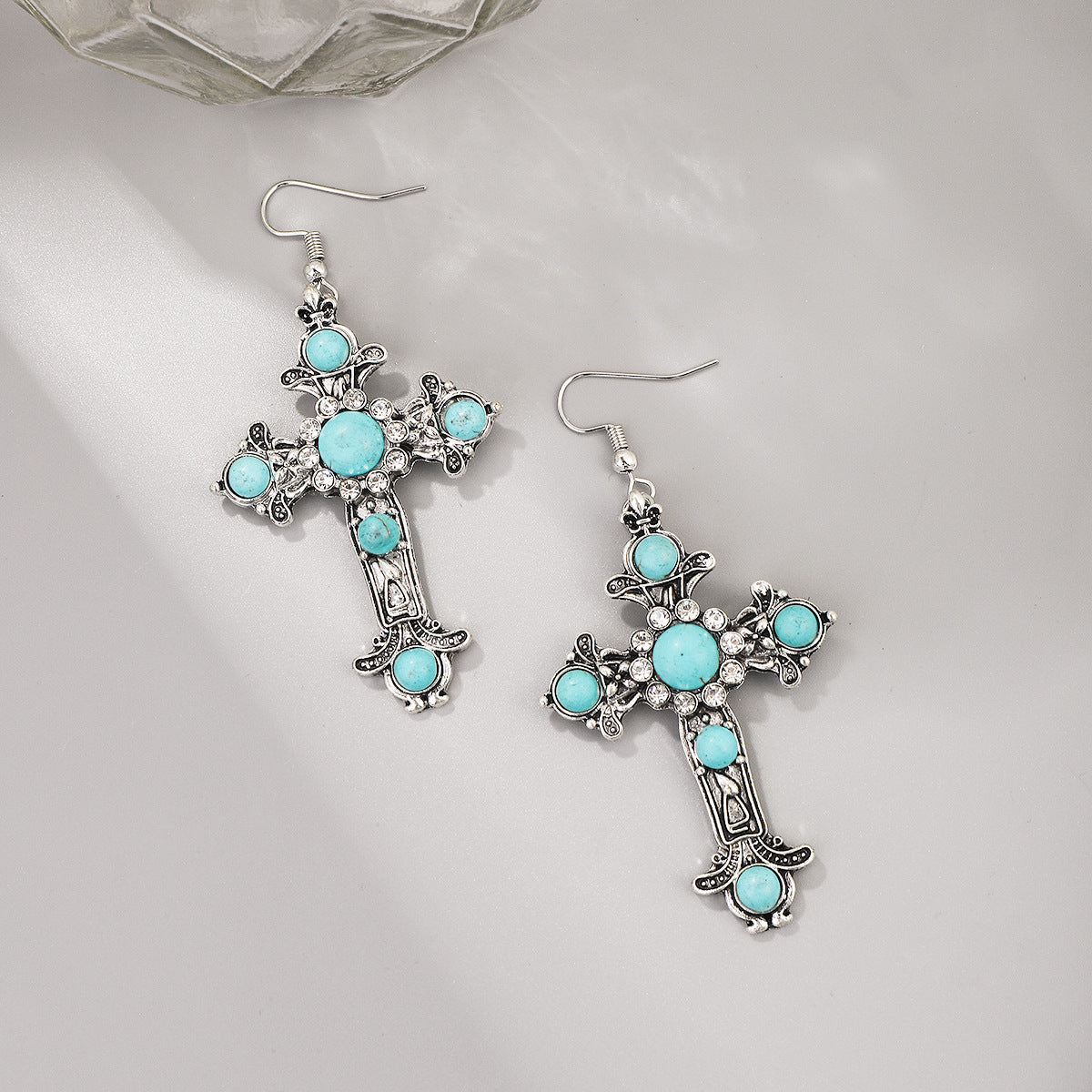 Pendientes de cruz geométrica de turquesa de inspiración vintage en aleación con acabado chapado para mujer
