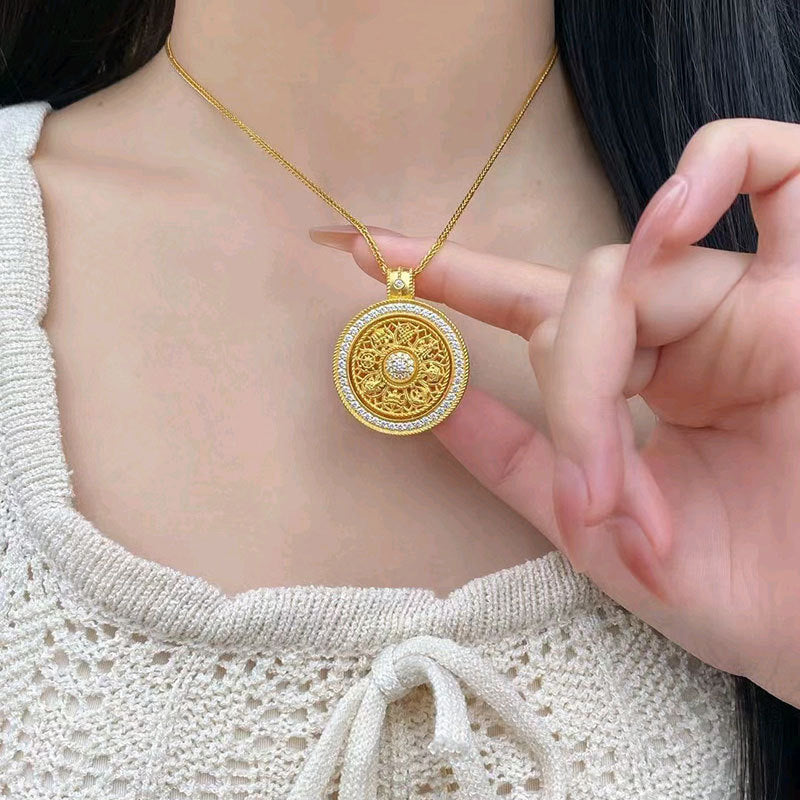 Vintage Chinese Style Hollow Eight Treasures Compass Pendant Necklace for Women Titanium Steel with Gold Plated Copper Charm and Choker Chain