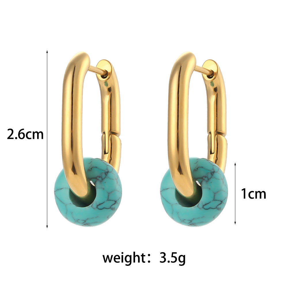 Vintage-Inspired Geometric Stainless Steel Earrings with 18K Gold Plating and Natural Sunstone Cat's Eye Accents for Women