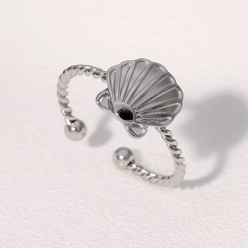 Anello da donna in acciaio inossidabile a forma di conchiglia placcato oro 18 carati, con fascia aperta regolabile