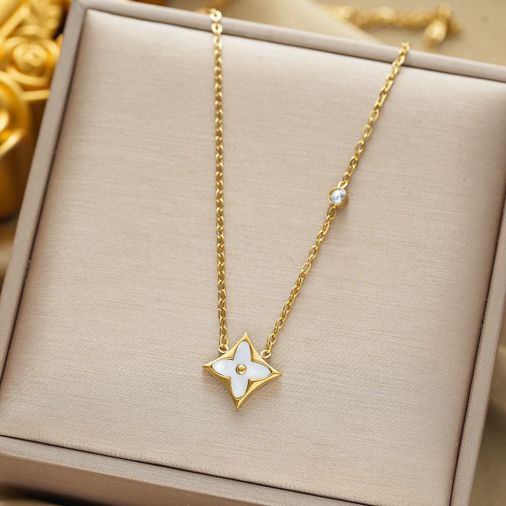 Four-leaf Clover Rhombus Titanium Steel Necklace with Rhinestone and Shell Inlay for Women