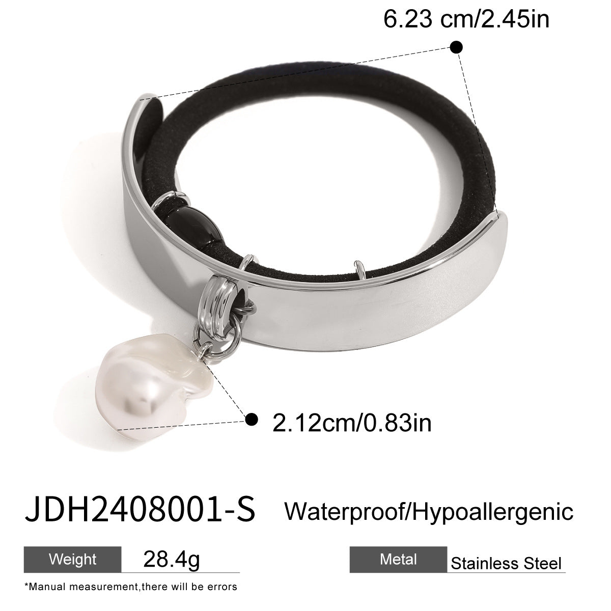 Sweet and Edgy Pearl Pendant Hair Tie with Electroplated Stainless Steel Band for Women
