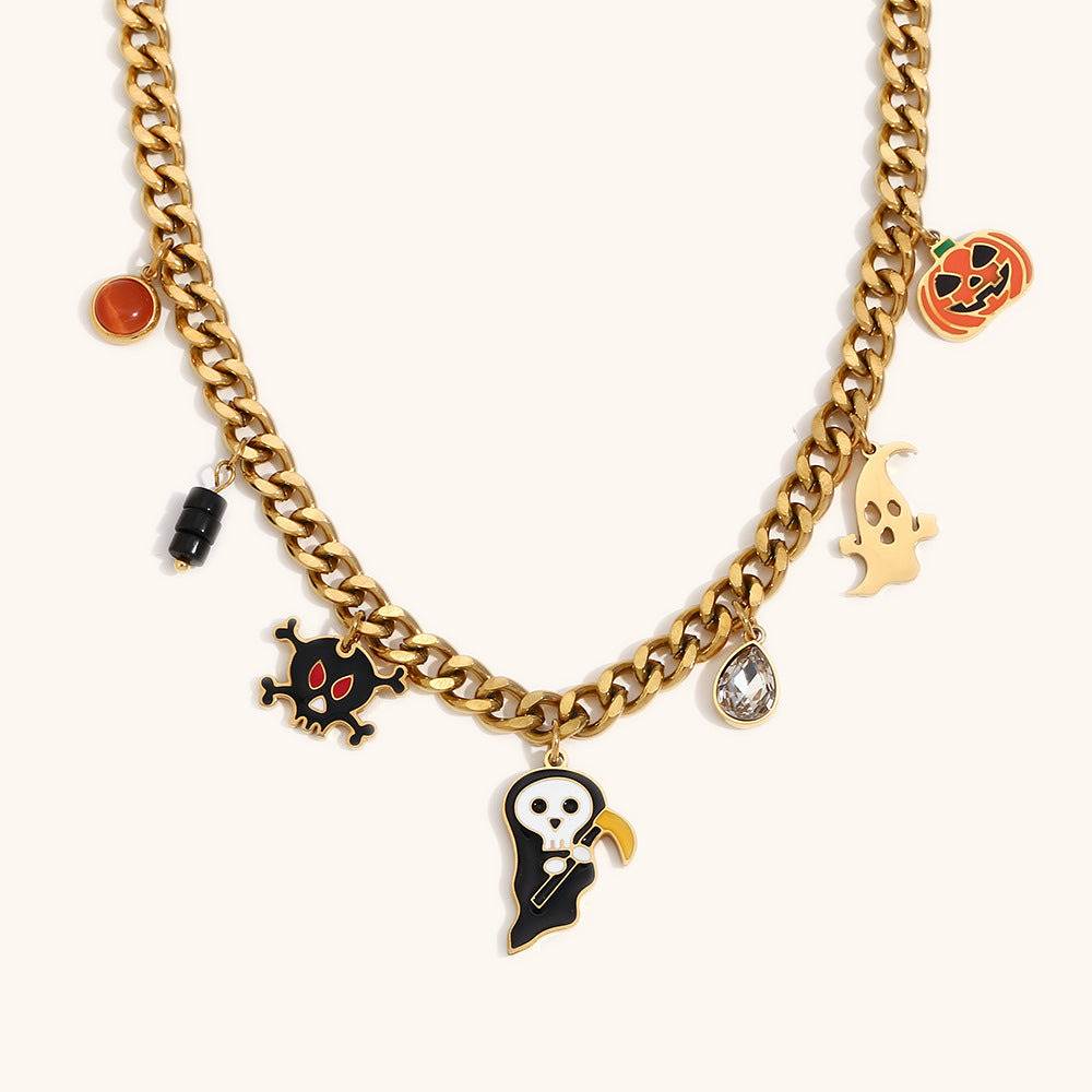 Cute Halloween Ghost and Grim Reaper Skeleton Pendant Necklace in Stainless Steel with 18K Gold Plating for Women