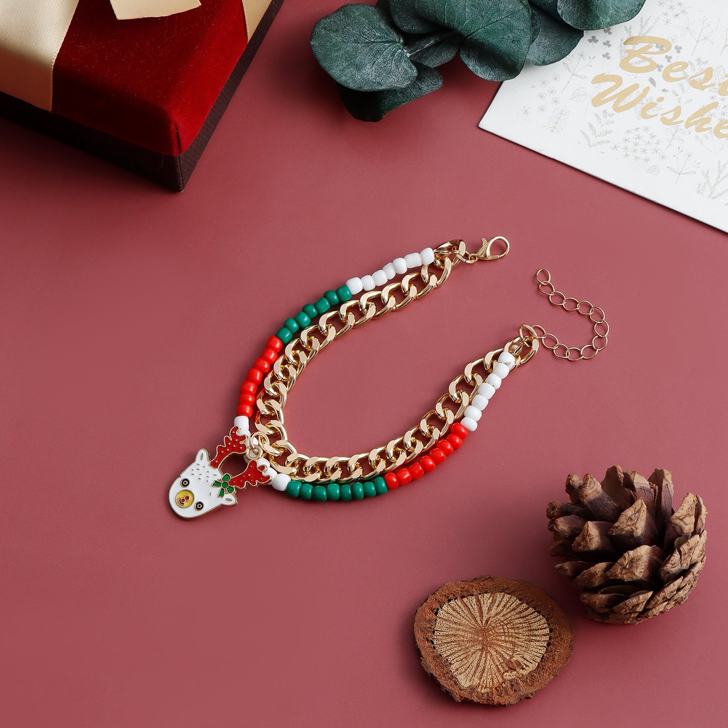 Minimalist Creative Double-Layer Bracelet for Women with Alloy Deer and Letter Pendant, Electroplated Finish, Christmas and New Year Themed