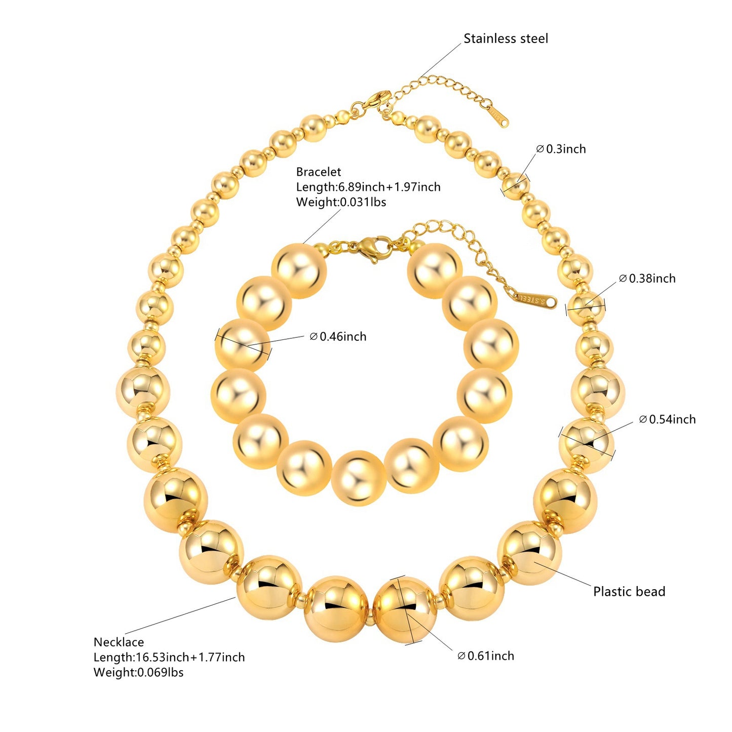 Hip-hop Punk Geometric Round Ball Chain Stainless Steel Necklace and Bracelet Set