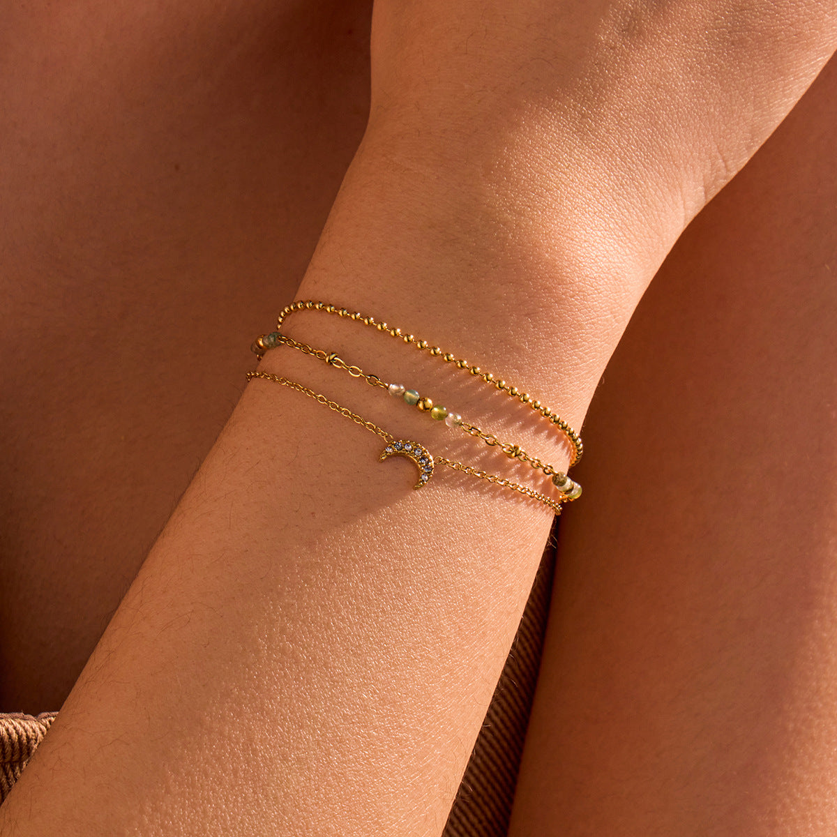 Minimalist Moon-Shaped Stainless Steel Bracelet with Zircon Inlay for Women, Electroplated Titanium Steel Multi-Layer Stackable Jewelry