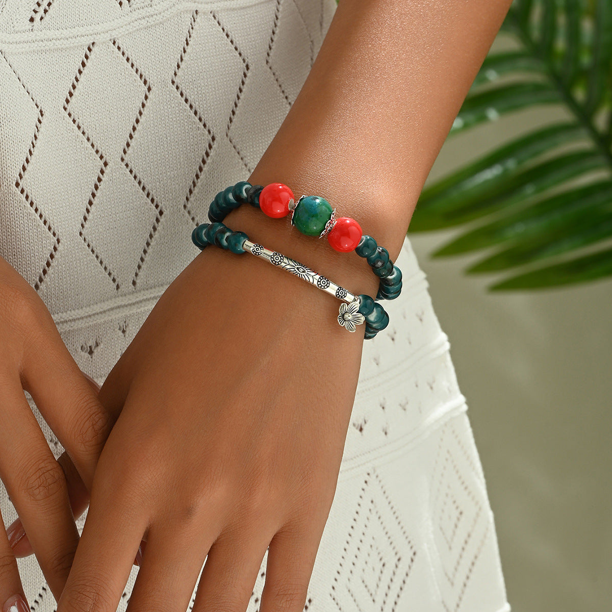 Bracciale Unisex Geometria Floreale Stile Vintage con Perle in Pietra e Gemme Artificiali Intarsiate in Lega