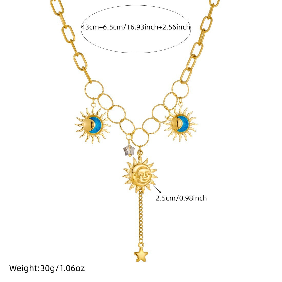 Vintage Plated Star Moon Sun Tassel Asymmetric Stainless Steel Necklace for Women