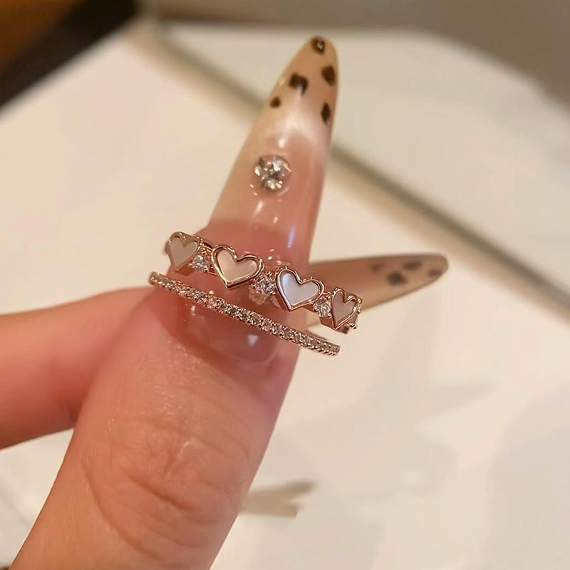 Anillo Abierto de Doble Capa con Forma de Corazón Minimalista Elegante para Mujer Hecho de Cobre con Incrustaciones de Circonita