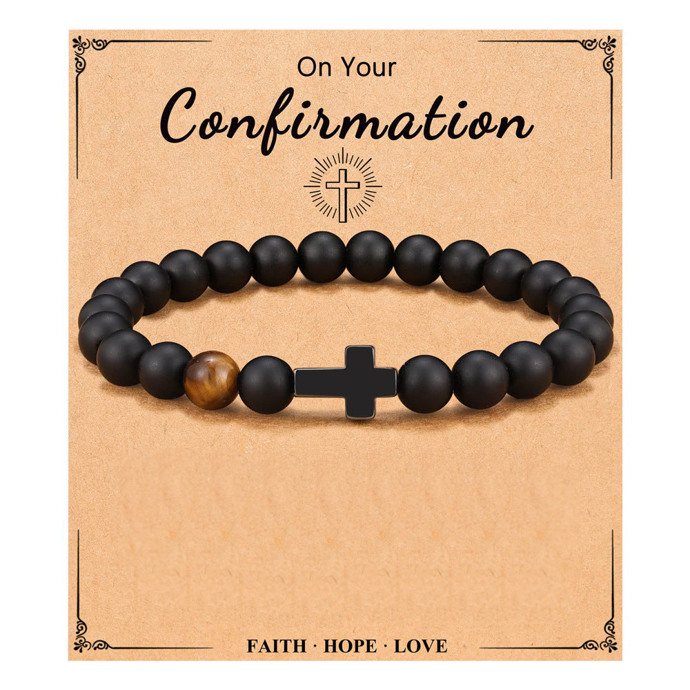 Matte Natural Black Agate and Yellow Tiger Eye Cross Bracelet Unisex 8mm Beaded Hand Chain