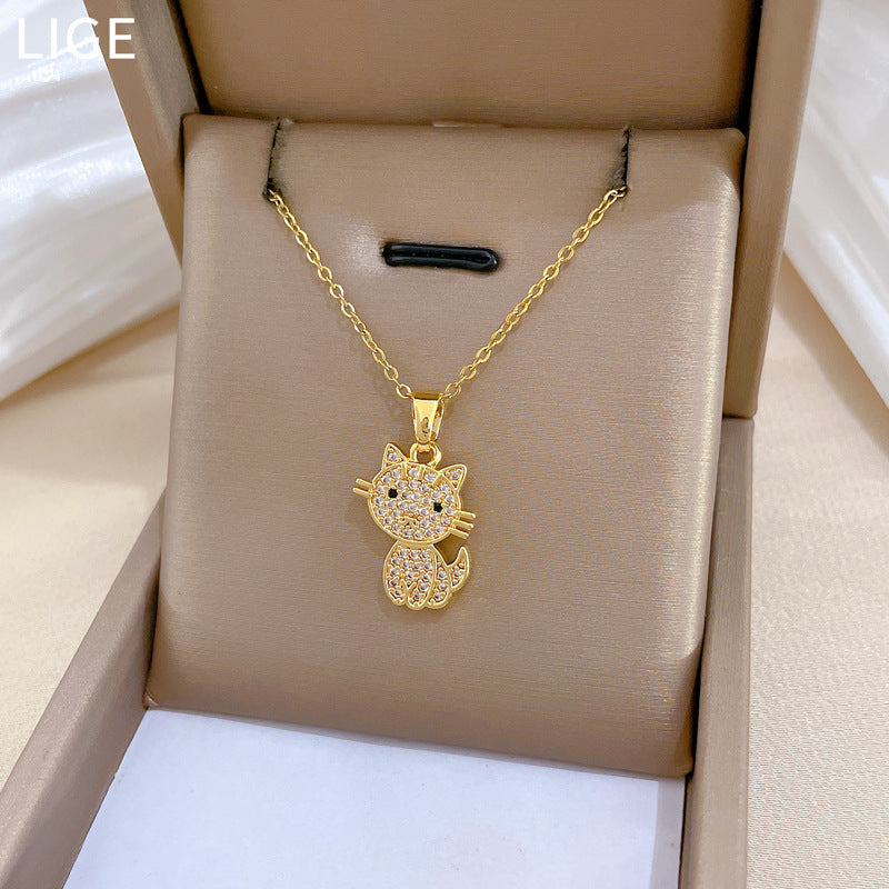 Sweet Cartoon Full Cubic Zirconia Cat and Moon Pendant Titanium Steel Necklace Set for Unisex