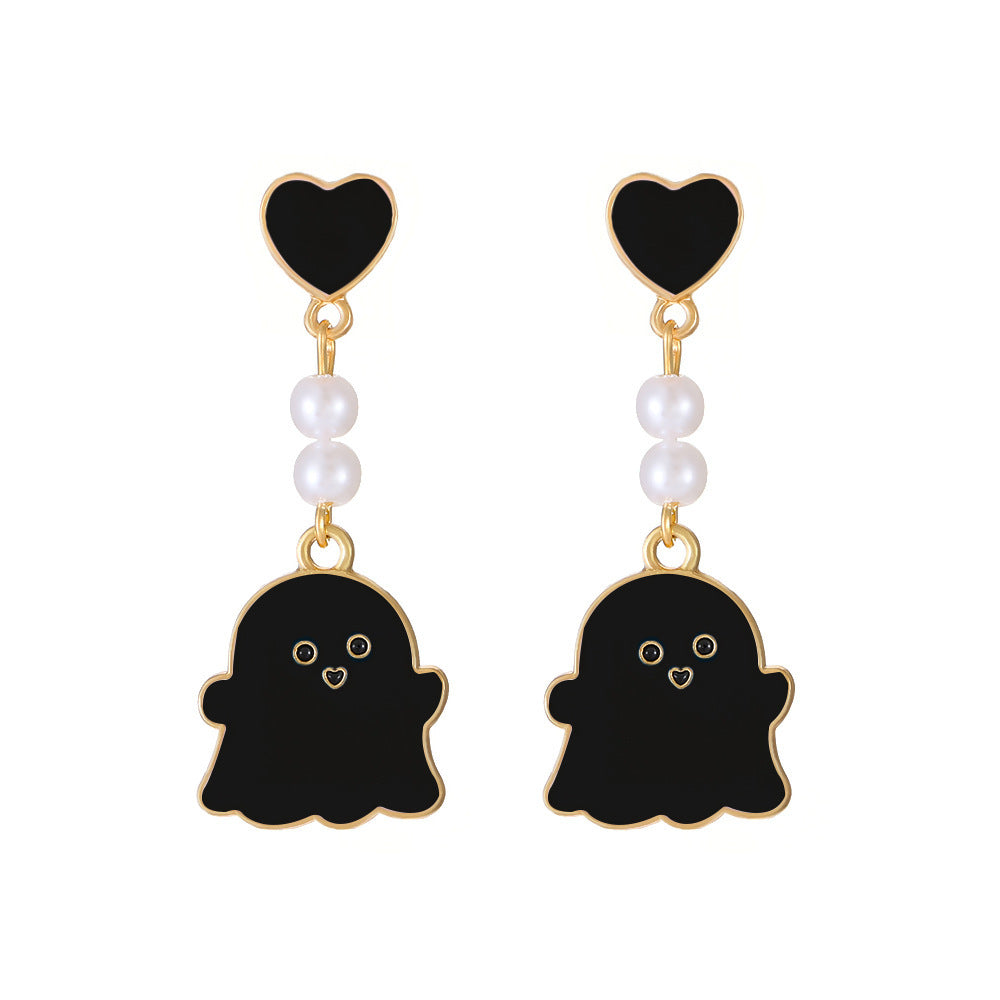 Collar con colgante de fantasma de dibujos animados en cobre con acabado galvanizado, joyería de Halloween en blanco y negro para mujer