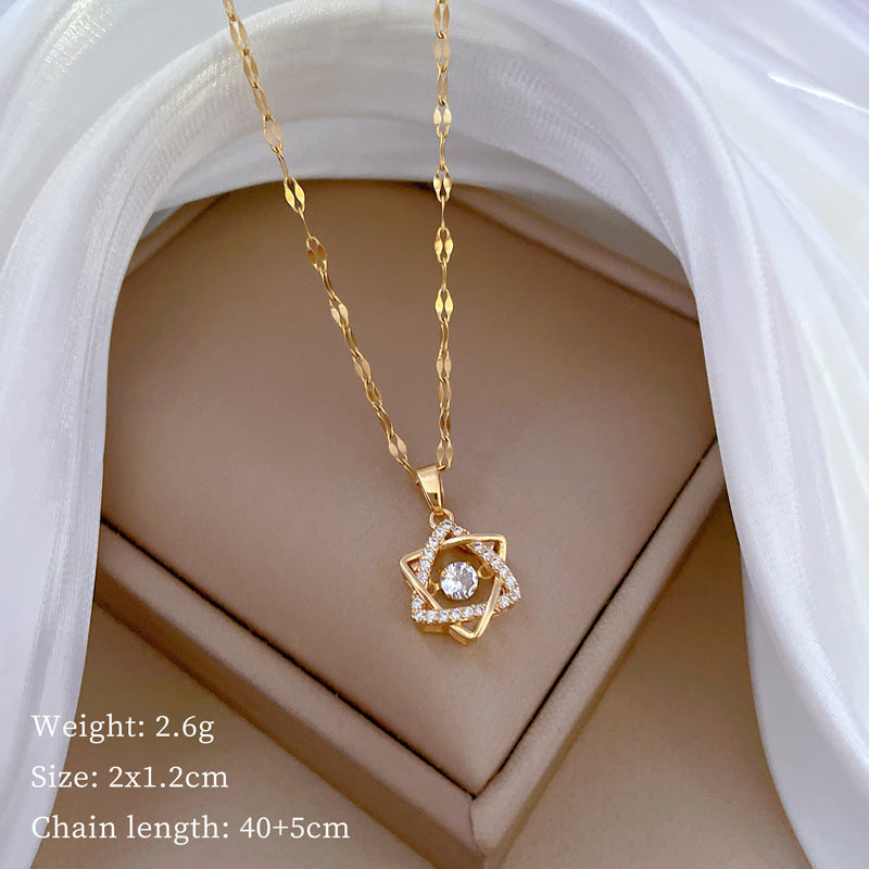 Collana con ciondolo a stella esagonale con strass, in acciaio al titanio, con motivo lunare, dolce e fresca, di lusso