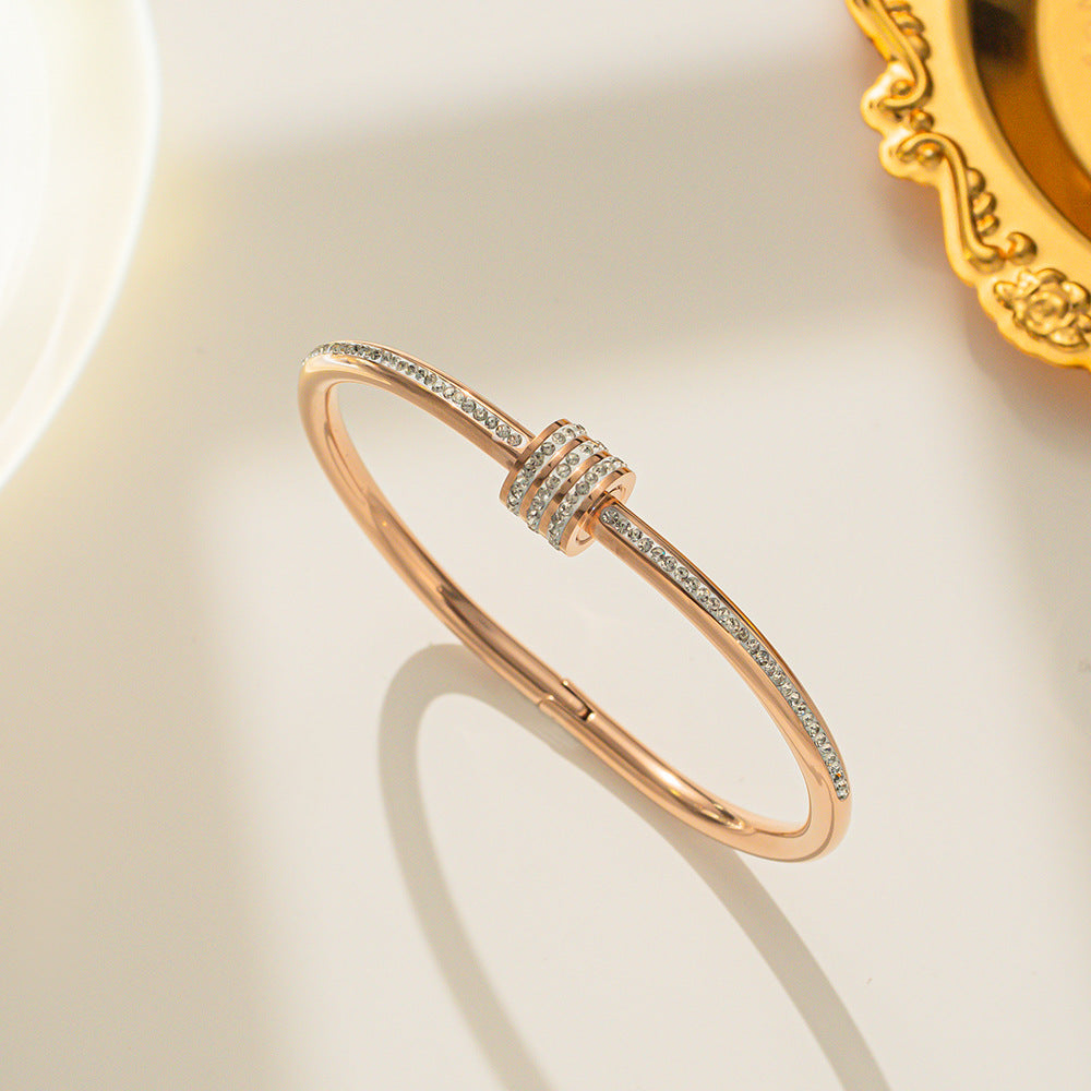 Vintage Rhinestone-Ti Steel Bracelet for Women Rose Gold Plated Opening Bangle with Starry Sky Pattern