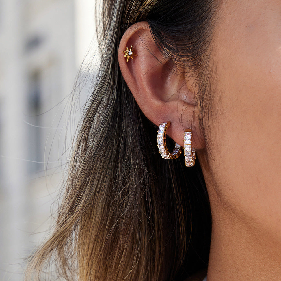 Orecchini a Cerchio Geometrici in Acciaio Inox con Intarsio di Strass per Donna, Gioielli di Moda Placcati in Acciaio al Titanio Ipoallergenico
